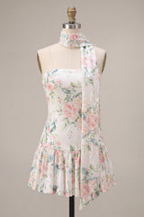 Suzhoufashion White Pink Flower A-Line Sequin Short Homecoming Dress with Neck Scarf