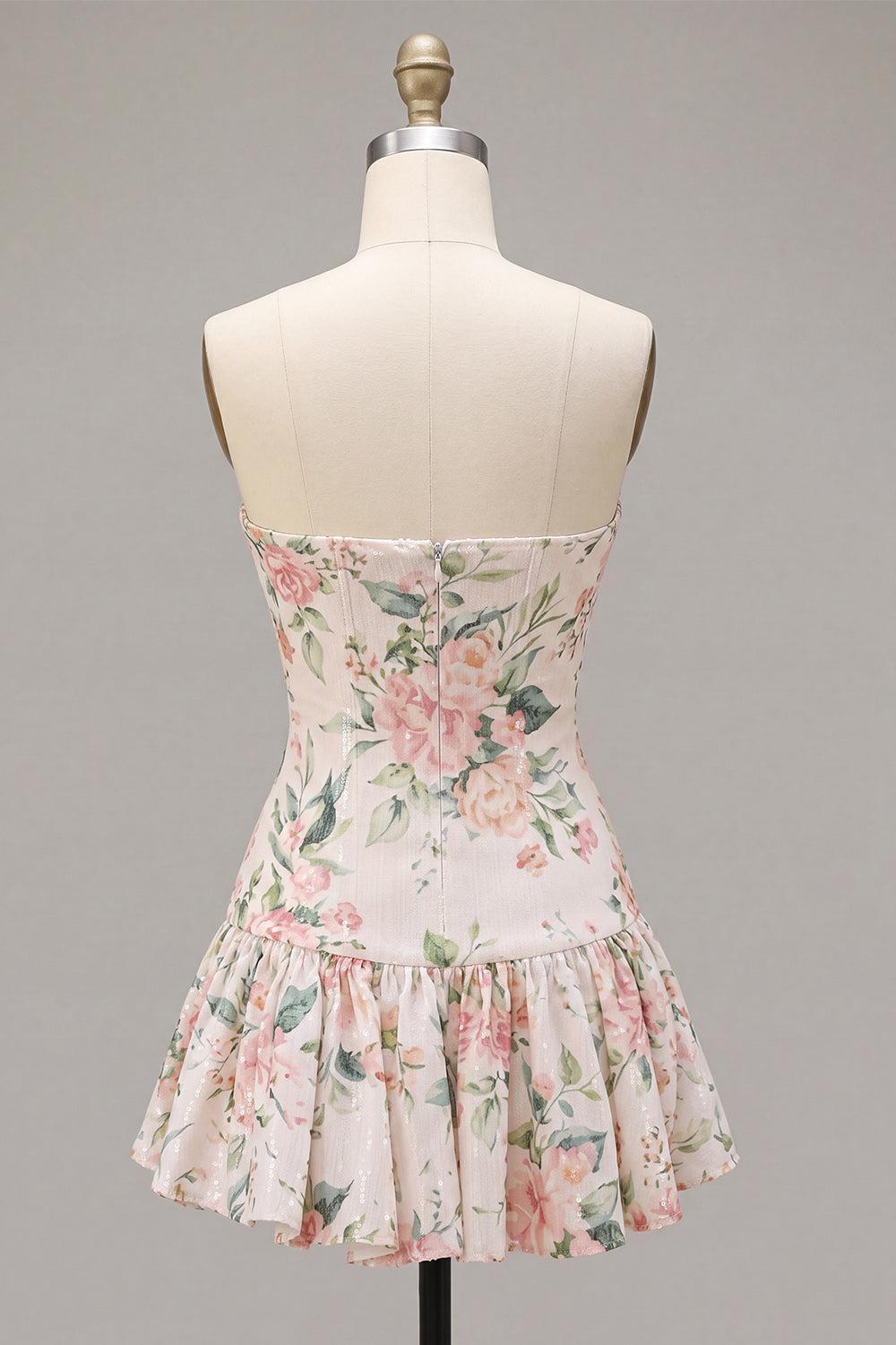Suzhoufashion White Pink Flower A-Line Sequin Short Homecoming Dress with Neck Scarf