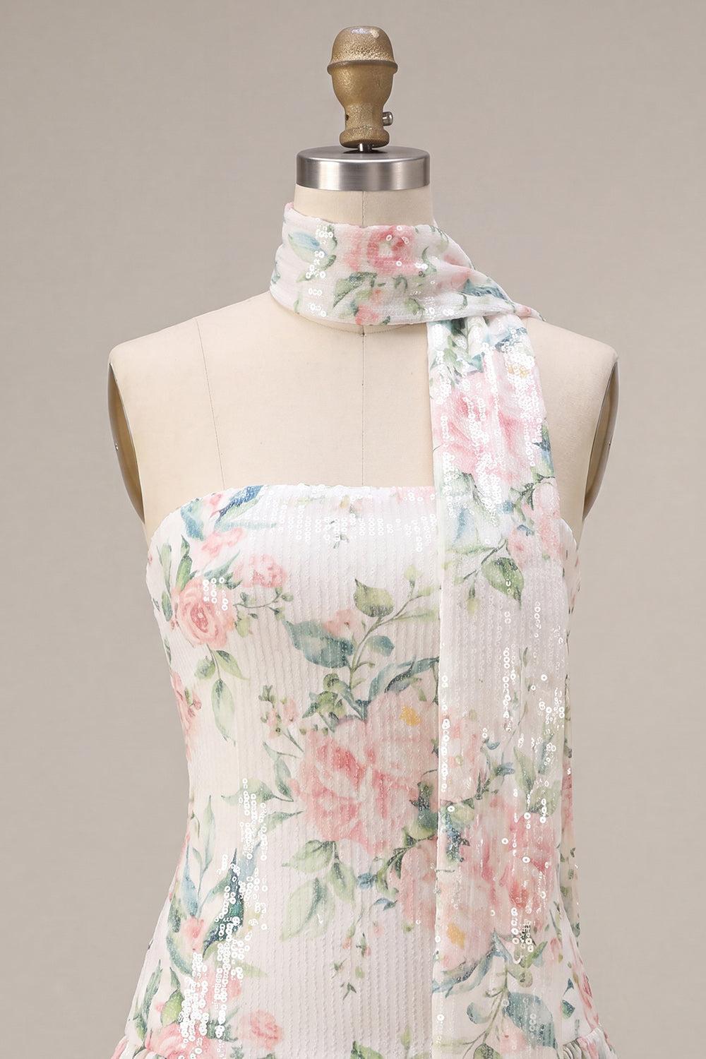 Suzhoufashion White Pink Flower A-Line Sequin Short Homecoming Dress with Neck Scarf