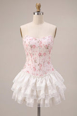 Suzhoufashion White Pink Flower Strapless Corset Short Homecoming Dress with Ruffles