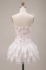 Suzhoufashion White Pink Flower Strapless Corset Short Homecoming Dress with Ruffles
