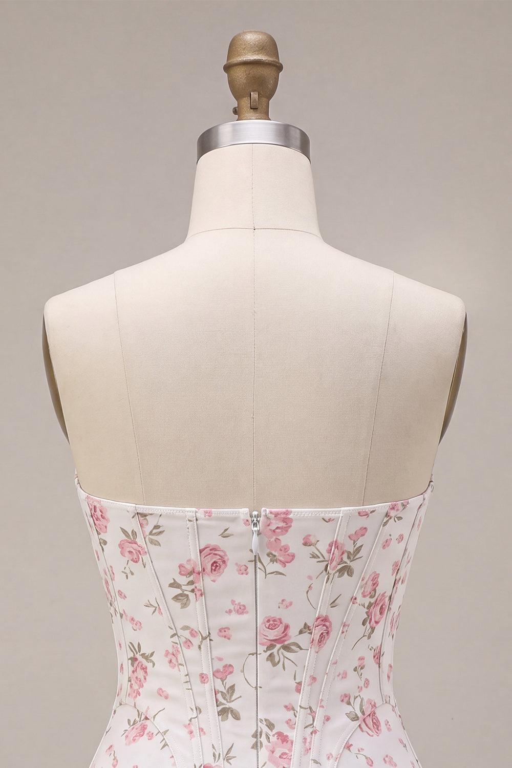 Suzhoufashion White Pink Flower Strapless Corset Short Homecoming Dress with Ruffles