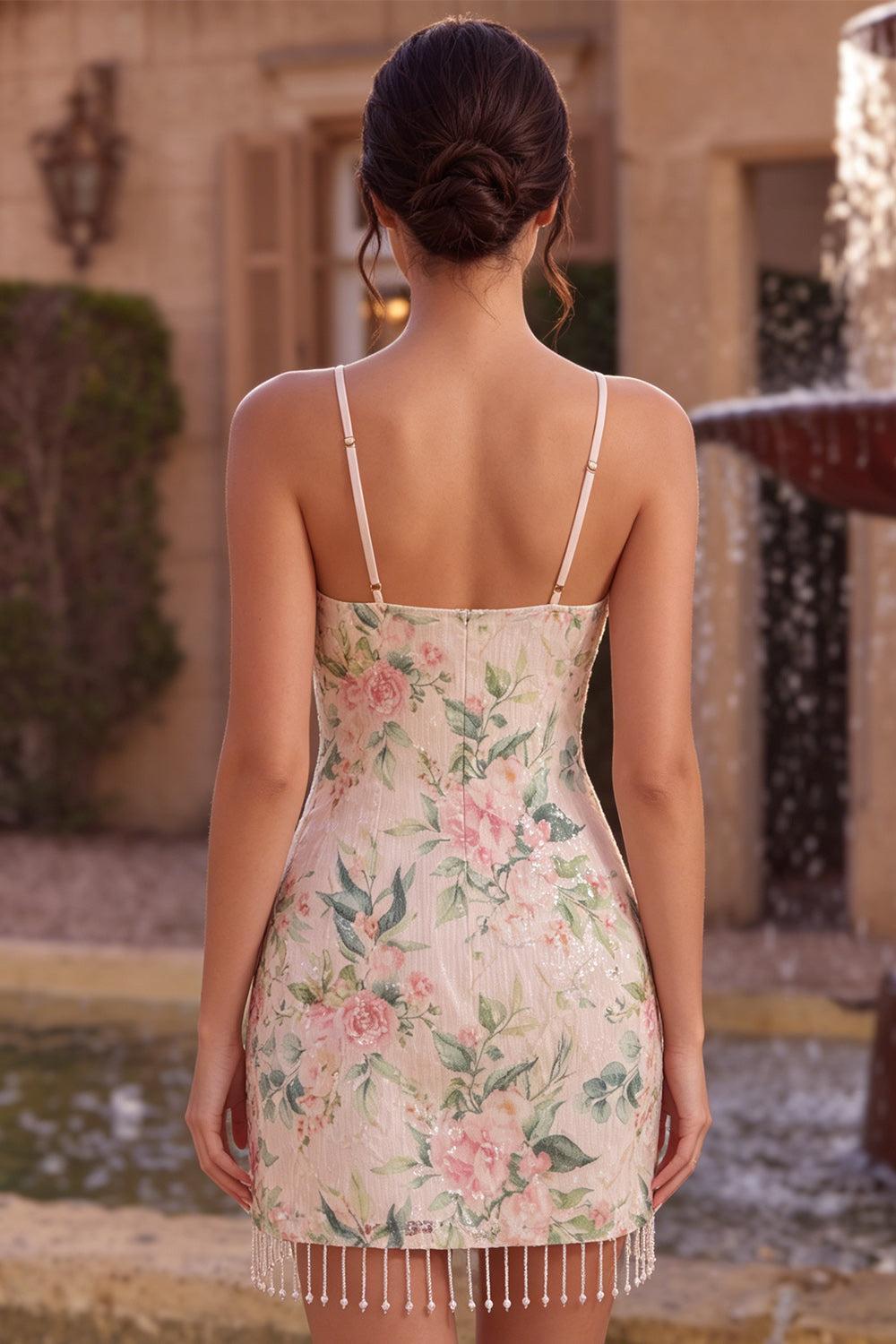 Suzhoufashion White Pink Flower Tight Fringed Sequin Short Homecoming Dress