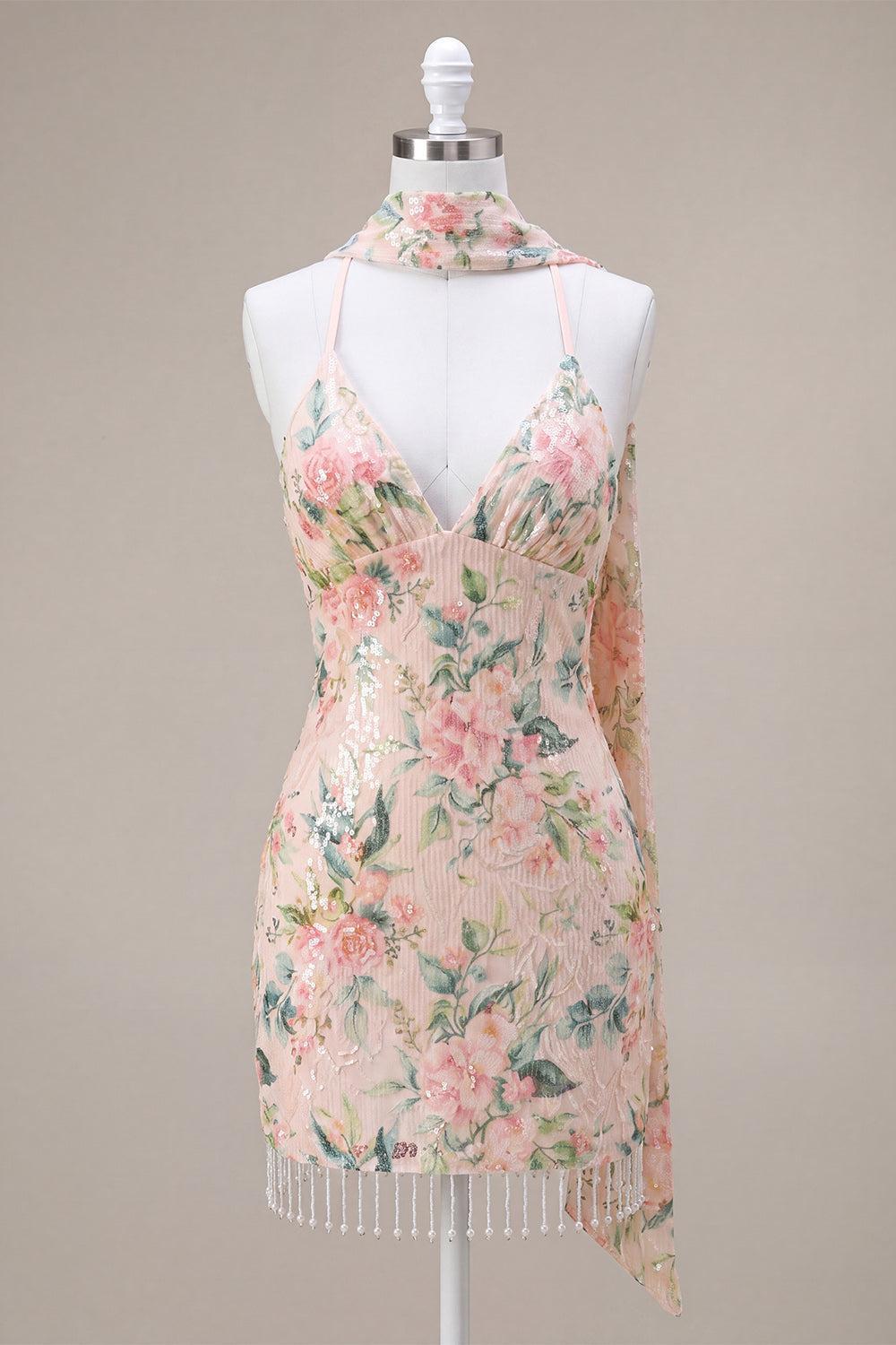 Suzhoufashion White Pink Flower Tight Fringed Sequin Short Homecoming Dress