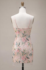 Suzhoufashion White Pink Flower Tight Fringed Sequin Short Homecoming Dress
