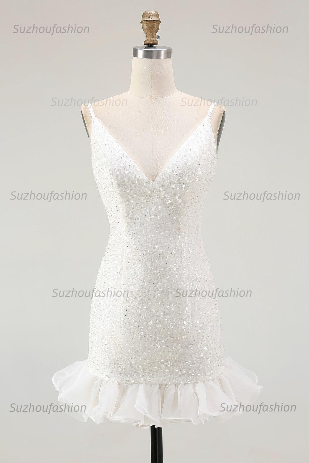 Suzhoufashion White Sequin V-Neck Bodycon Short Graduation Dress