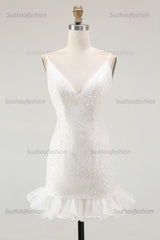 Suzhoufashion White Sequin V-Neck Bodycon Short Graduation Dress