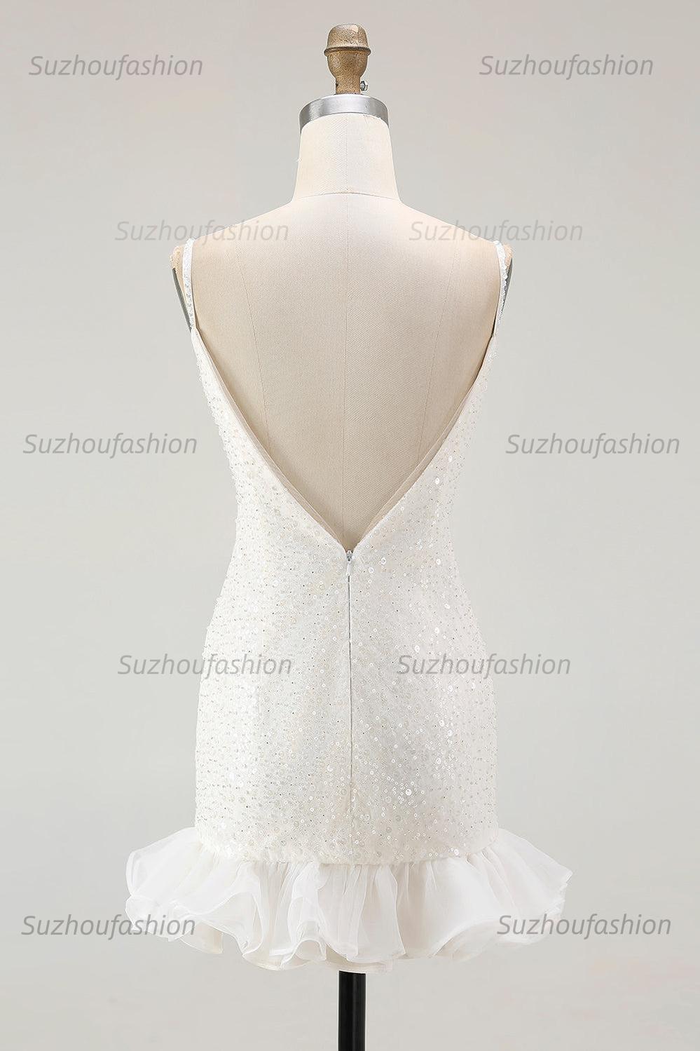 Suzhoufashion White Sequin V-Neck Bodycon Short Graduation Dress