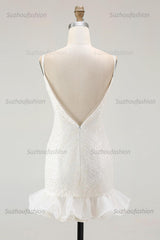 Suzhoufashion White Sequin V-Neck Bodycon Short Graduation Dress