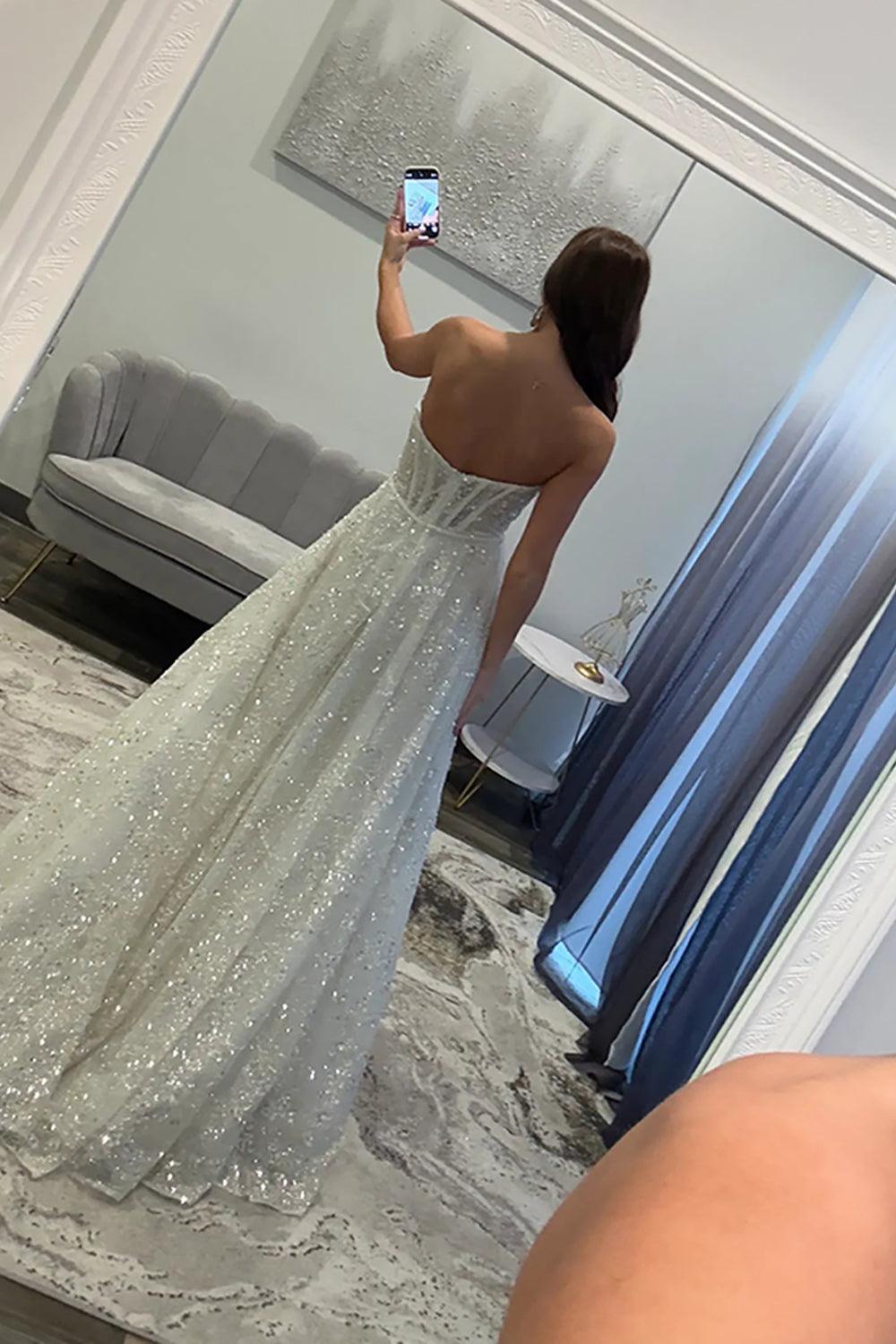 Suzhoufashion White Sequins Prom Dress Sweetheart A Line Corset Long Formal Dress With 3D Flower