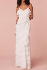 Suzhoufashion White Sheath Spaghetti Straps Backless Long Dress With Ruffles Graduation Dress Formal Evening Gown