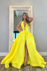 Suzhoufashion Yellow A-Line Long Satin Prom Dress With Deep V-Neck And Elegant Beading Formal Evening Gown