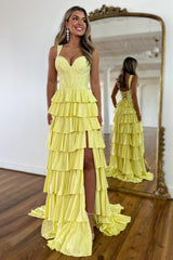 Suzhoufashion Yellow A Line Prom Dress With Lace Up Back Tiered Skirt And Leg Slit Formal Evening Gown