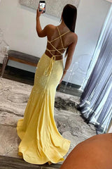Suzhoufashion Yellow Mermaid Prom Dress With Cutout Waist Lace Up Corset And Beaded Details Formal Evening Gown