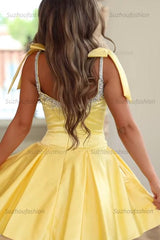 Suzhoufashion Yellow Satin Bow Strap Beaded A-Line Mini Homecoming Dress