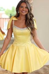 Suzhoufashion Yellow Satin Bow Strap Beaded A-Line Mini Homecoming Dress