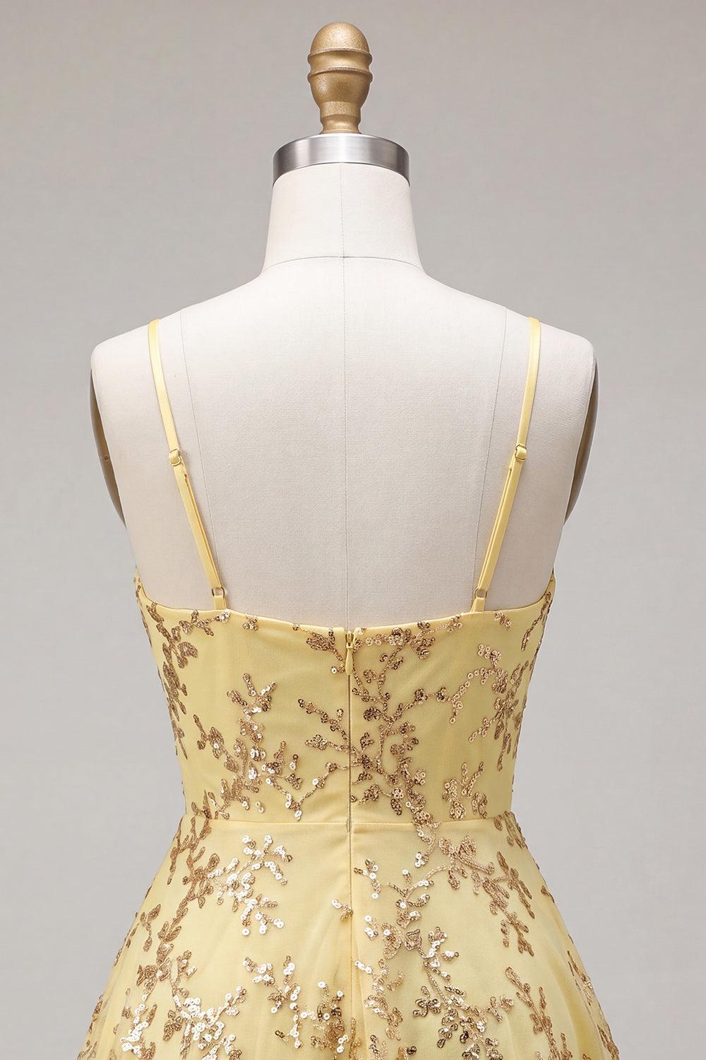 Suzhoufashion Yellow Spaghetti Straps Sequin A-Line Short Homecoming Dress