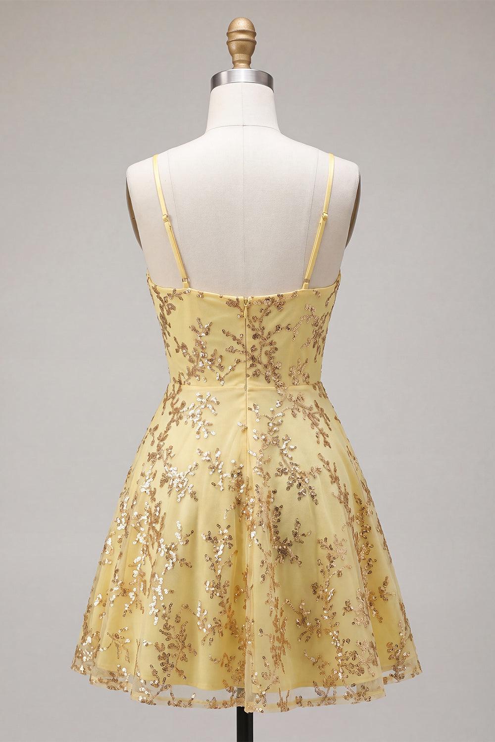 Suzhoufashion Yellow Spaghetti Straps Sequin A-Line Short Homecoming Dress