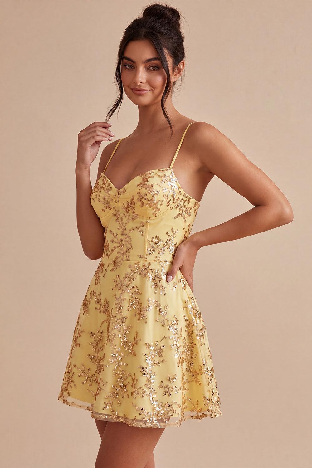 Suzhoufashion Yellow Spaghetti Straps Sequin A-Line Short Homecoming Dress