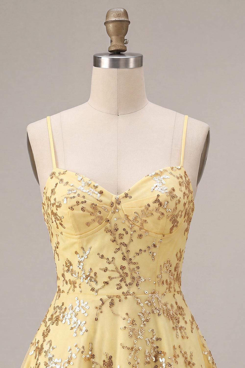 Suzhoufashion Yellow Spaghetti Straps Sequin A-Line Short Homecoming Dress