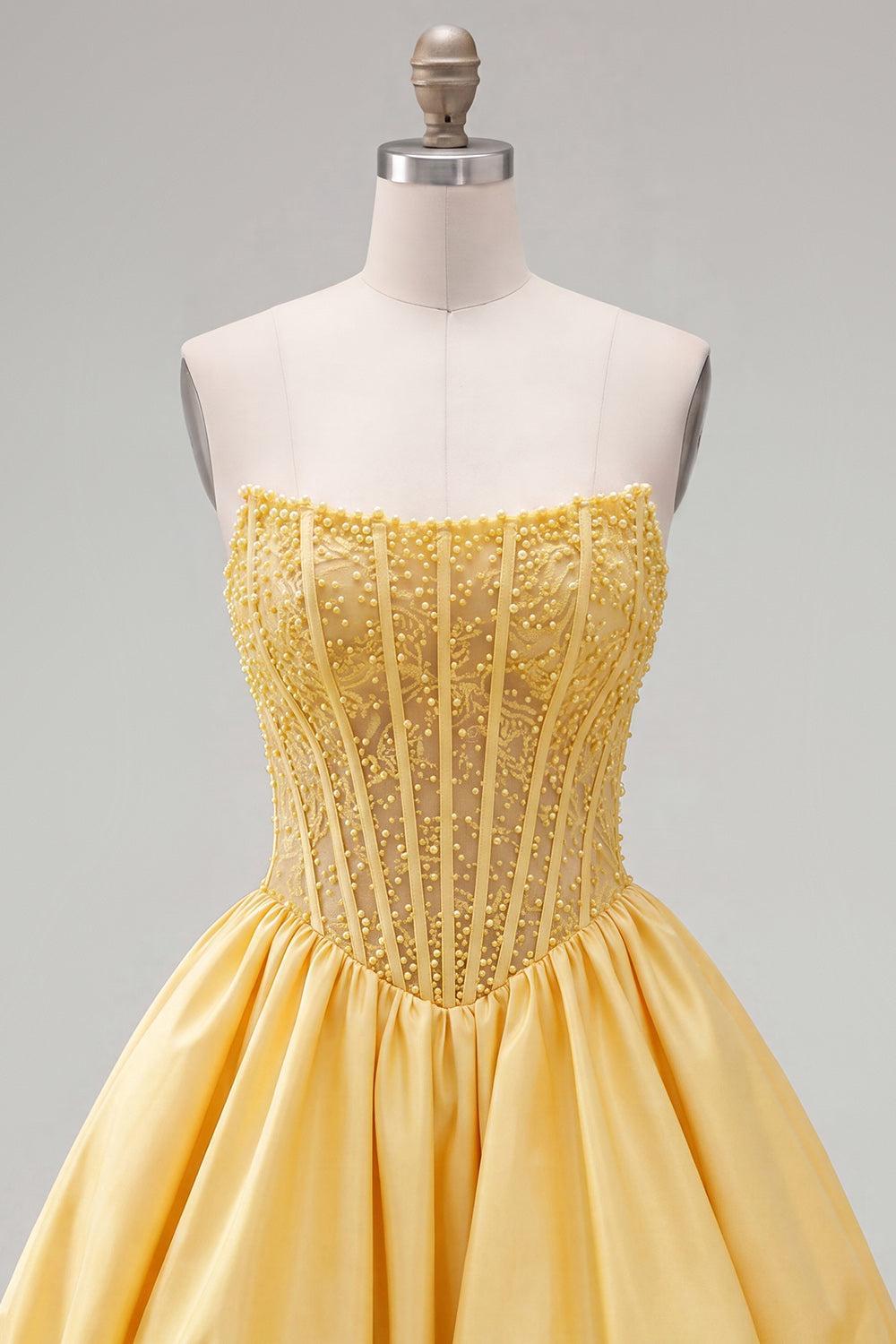 Suzhoufashion Yellow Strapless A-Line Beaded Short Corset Homecoming Dress