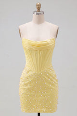 Suzhoufashion Yellow Strapless Beaded Tight Short Corset Homecoming Dress