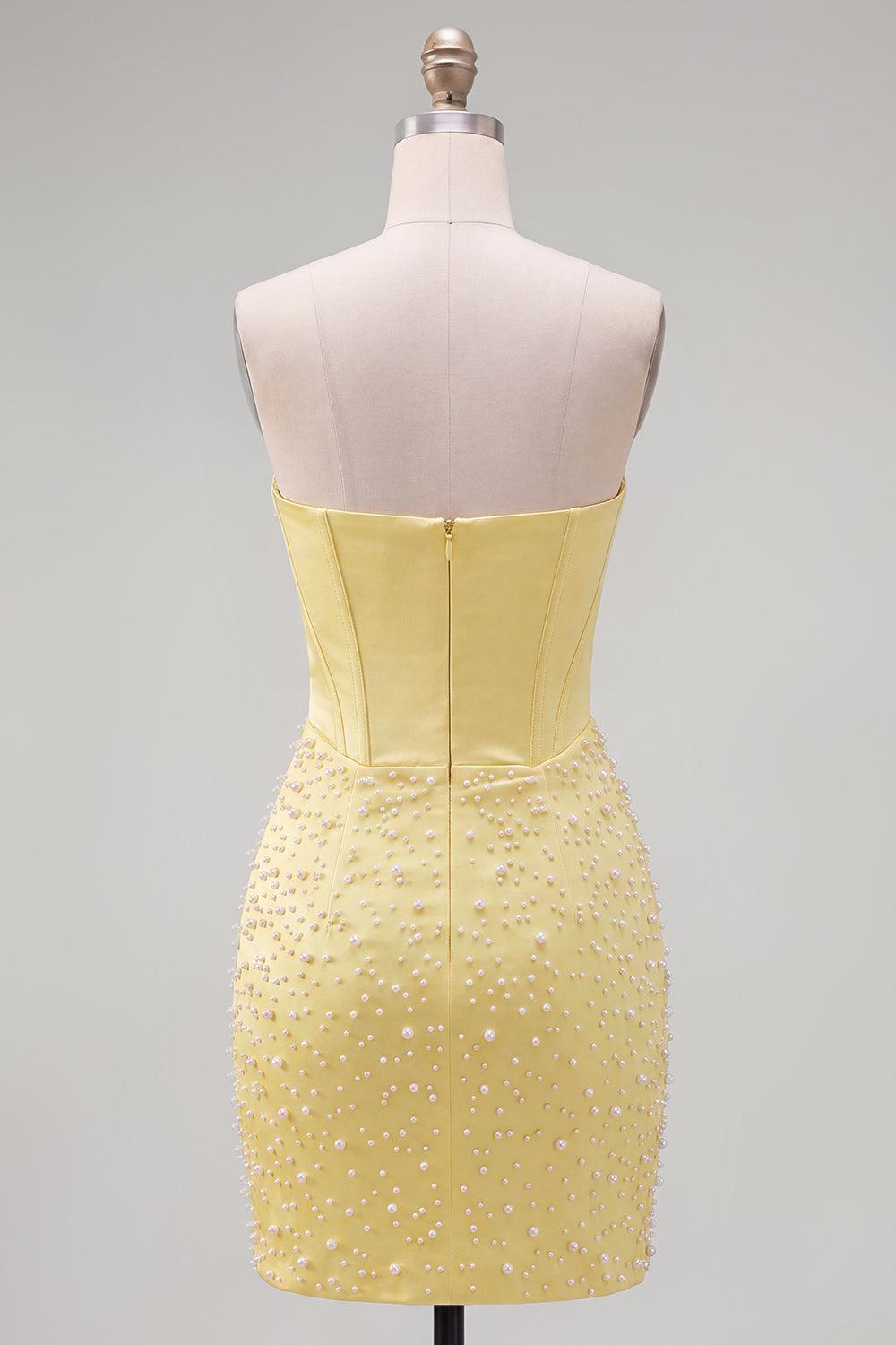 Suzhoufashion Yellow Strapless Beaded Tight Short Corset Homecoming Dress