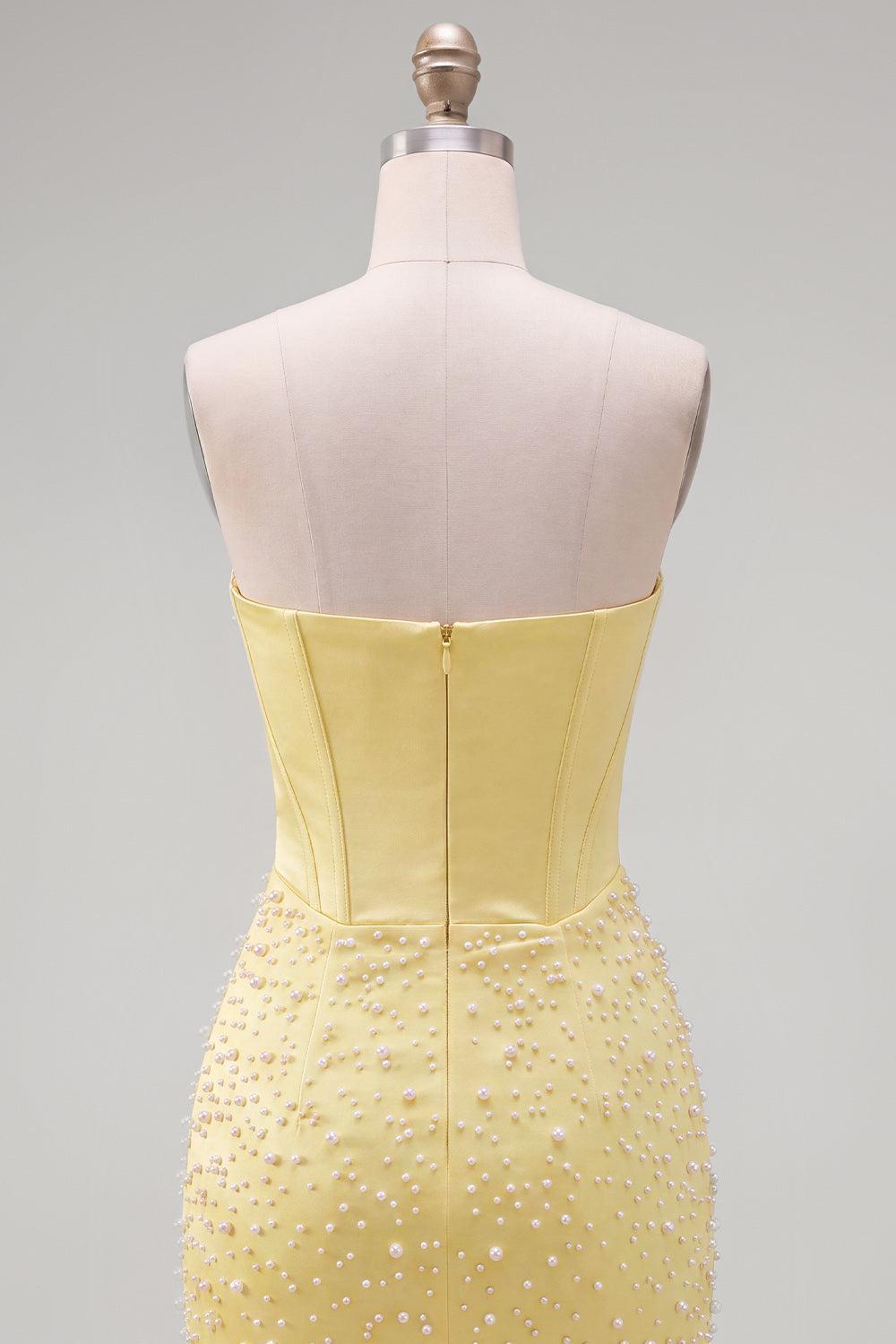 Suzhoufashion Yellow Strapless Beaded Tight Short Corset Homecoming Dress