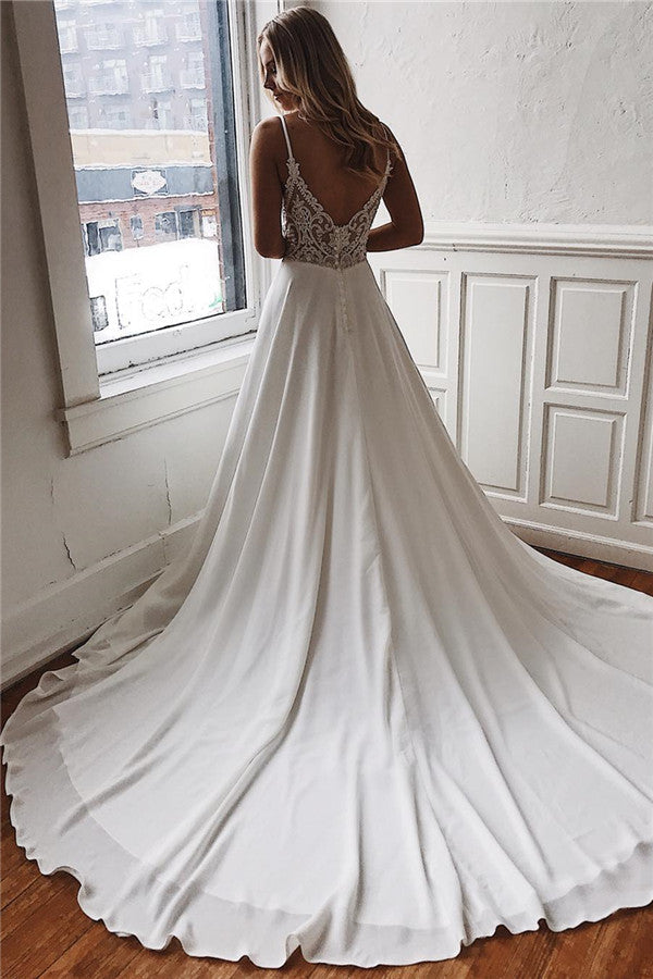 Sweep-Train A-line Lace Charming White Spaghetti-Straps Wedding Dresses