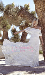 Sweep Train Elegant White Lace Bohemian Beach Wedding Dress Off-the-shoulder Boho Wedding Gowns