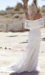 Sweep Train Elegant White Lace Bohemian Beach Wedding Dress Off-the-shoulder Boho Wedding Gowns