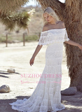 Sweep Train Elegant White Lace Bohemian Beach Wedding Dress Off-the-shoulder Boho Wedding Gowns