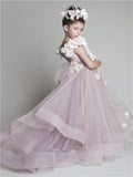 Sweep Train Flower Girl Dresses Flowers Tiered Draped Lovely Ball Gown Organza Pink Pageant Dress