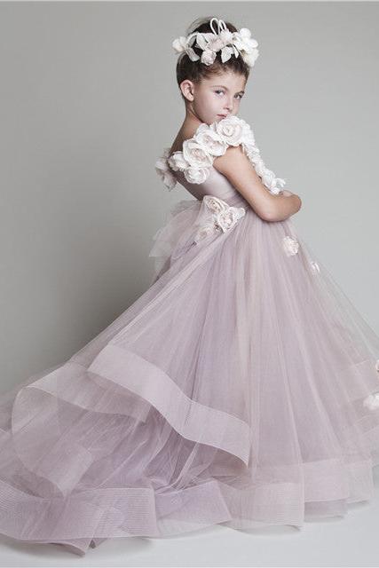 Sweep Train Flower Girl Dresses Flowers Tiered Draped Lovely Ball Gown Organza Pink Pageant Dress