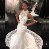 Sweep Train High Neck Bride Dress Retro Lace Sleeveless Mermaid Newest Wedding Dress BA7636