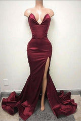Sweep Train Sleeveless Evening Dress Burgundy Front Split Sexy Sweetheart Prom Dress BA5544