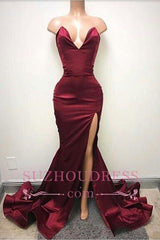 Sweep Train Sleeveless Evening Dress Burgundy Front Split Sexy Sweetheart Prom Dress BA5544