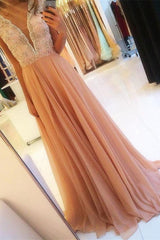 Sweet Deep V-neck Chiffon Prom Dresses Beading Sequins Evening Gown BA4142