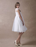 Sweet Short Sleeves Tulle Lace Knee-Length Bow Wedding Dresses