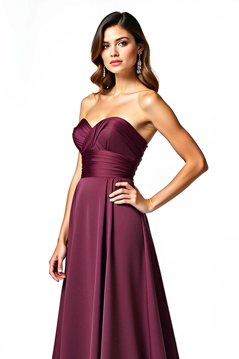 Sweetheart A Line Burgundy Wedding Guest Dress Long Ruched Formal Dress