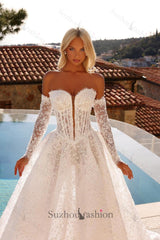 Sweetheart A Line Wedding Dress Beaded Lace Appliqued Bridal Gown