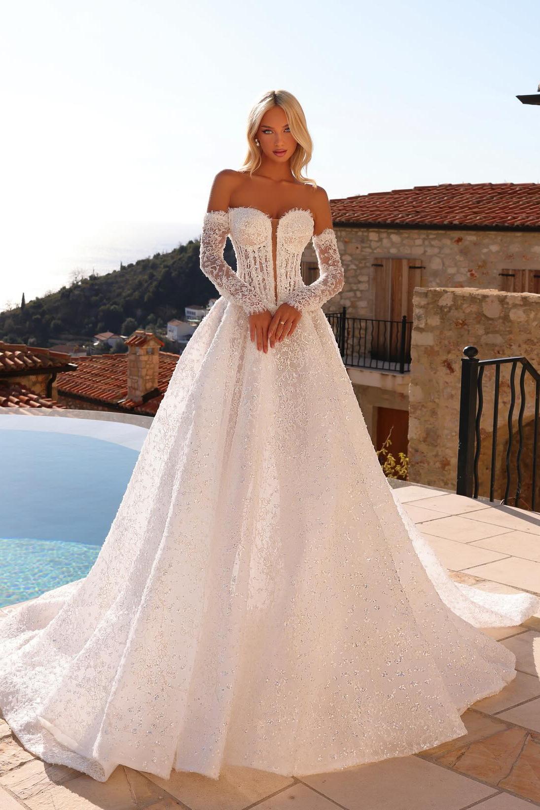 Sweetheart A Line Wedding Dress Beaded Lace Appliqued Bridal Gown