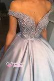 Sweetheart Applique A-line Beading Off-the-shoulder Gray Prom Dress