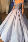 Sweetheart Applique A-line Beading Off-the-shoulder Gray Prom Dress