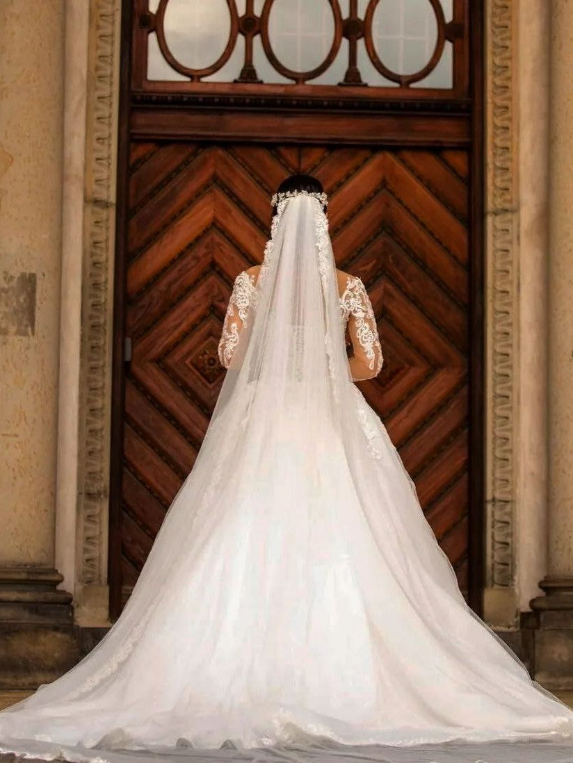 Sweetheart Appliques Lace Long Sleeve Mermaid Wedding Dresses with Train