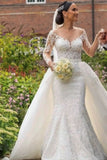 Sweetheart Appliques Lace Long Sleeve Mermaid Wedding Dresses with Train