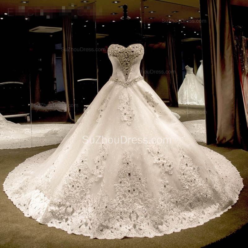 Sweetheart Ball Gown Shiny Bridal Gowns Lace Applique Court Train Beadings Wedding Dress with Bowknot