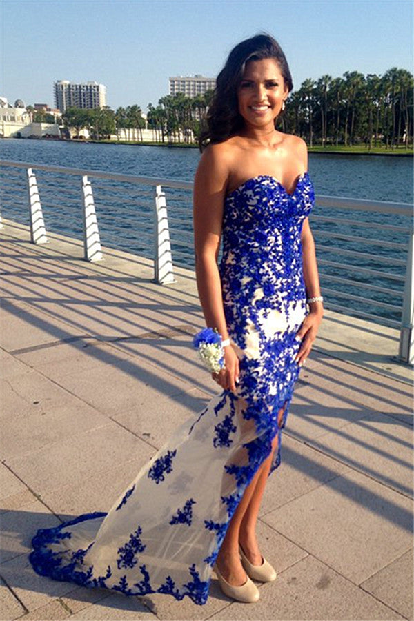 Sweetheart Blue Prom Dresses Sheer Tulle Lace Evening Gowns