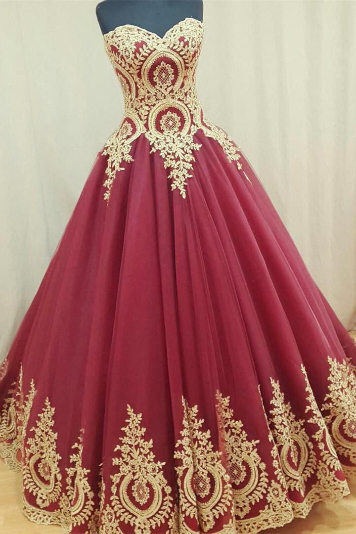 Sweetheart Burgundy Long Evening Dresses Gold Lace Appliques Formal Dresses BA4661