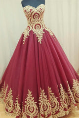 Sweetheart Burgundy Long Evening Dresses Gold Lace Appliques Formal Dresses BA4661